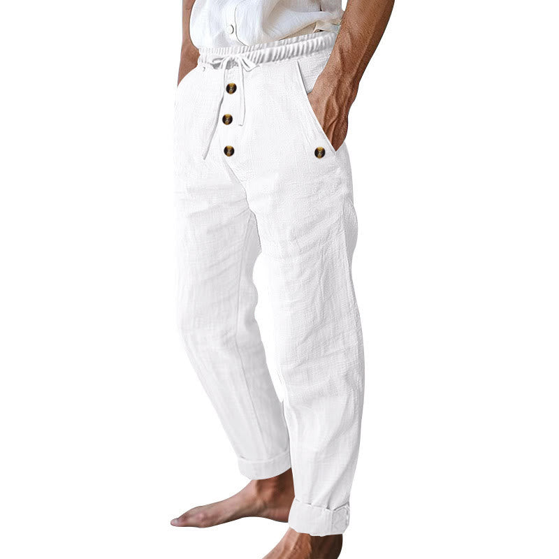 Buddha Stones Solid Color Buttons Drawstring Men's Cotton Pants With Pockets
