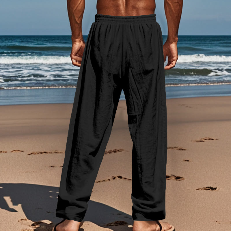 Buddha Stones Solid Color Buttons Drawstring Men's Cotton Pants With Pockets