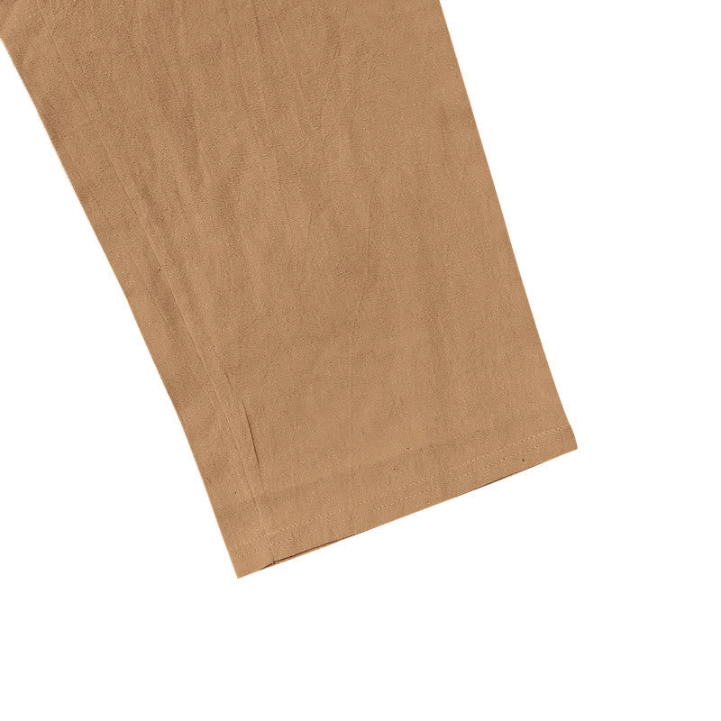 Buddha Stones Solid Color Buttons Drawstring Men's Cotton Pants With Pockets