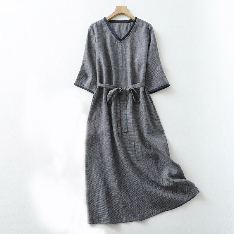 Buddha Stones Commute MidnightBlue Plaid Lace-Up Design Cotton Linen Midi Dress With Pockets