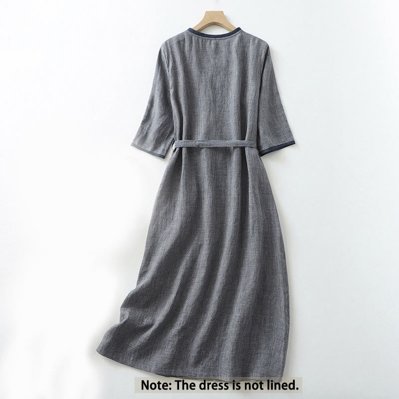Buddha Stones Commute MidnightBlue Plaid Lace-Up Design Cotton Linen Midi Dress With Pockets