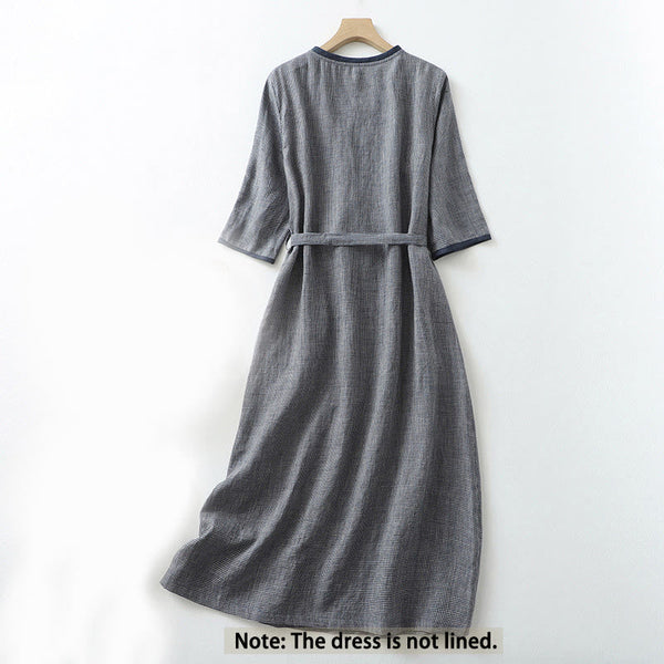 Buddha Stones Commute MidnightBlue Plaid Lace-Up Design Cotton Linen Midi Dress With Pockets