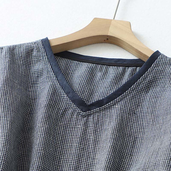 Buddha Stones Commute MidnightBlue Plaid Lace-Up Design Cotton Linen Midi Dress With Pockets