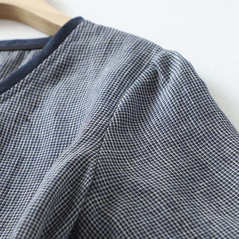 Buddha Stones Commute MidnightBlue Plaid Lace-Up Design Cotton Linen Midi Dress With Pockets