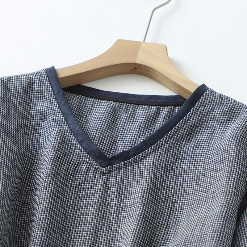 Buddha Stones Commute MidnightBlue Plaid Lace-Up Design Cotton Linen Midi Dress With Pockets