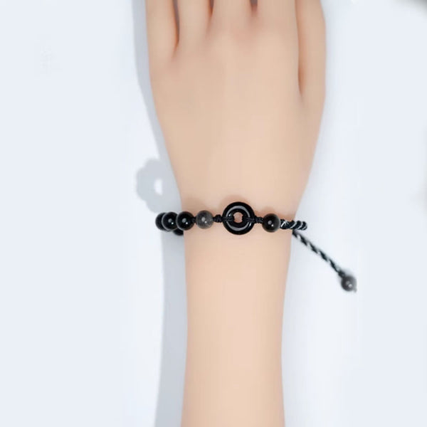 Buddha Stones Natural Black Obsidian Peace Buckle Purification Black Rope Bracelet