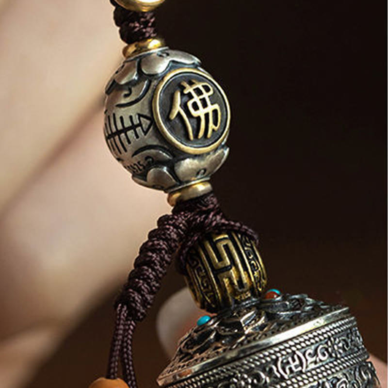 Buddha Stones Om Mani Padme Hum Ghau Prayer Box Copper Plated Silver Luck Key Chain