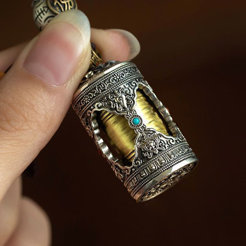 Buddha Stones Om Mani Padme Hum Ghau Prayer Box Copper Plated Silver Luck Key Chain