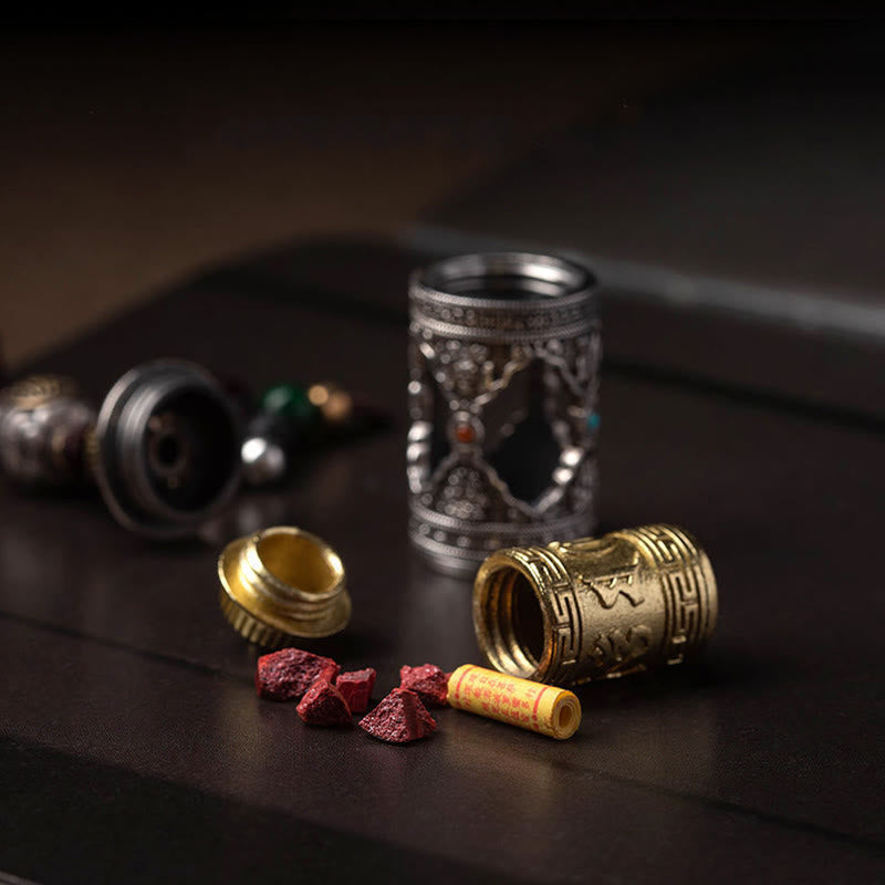 Buddha Stones Om Mani Padme Hum Ghau Prayer Box Copper Plated Silver Luck Key Chain