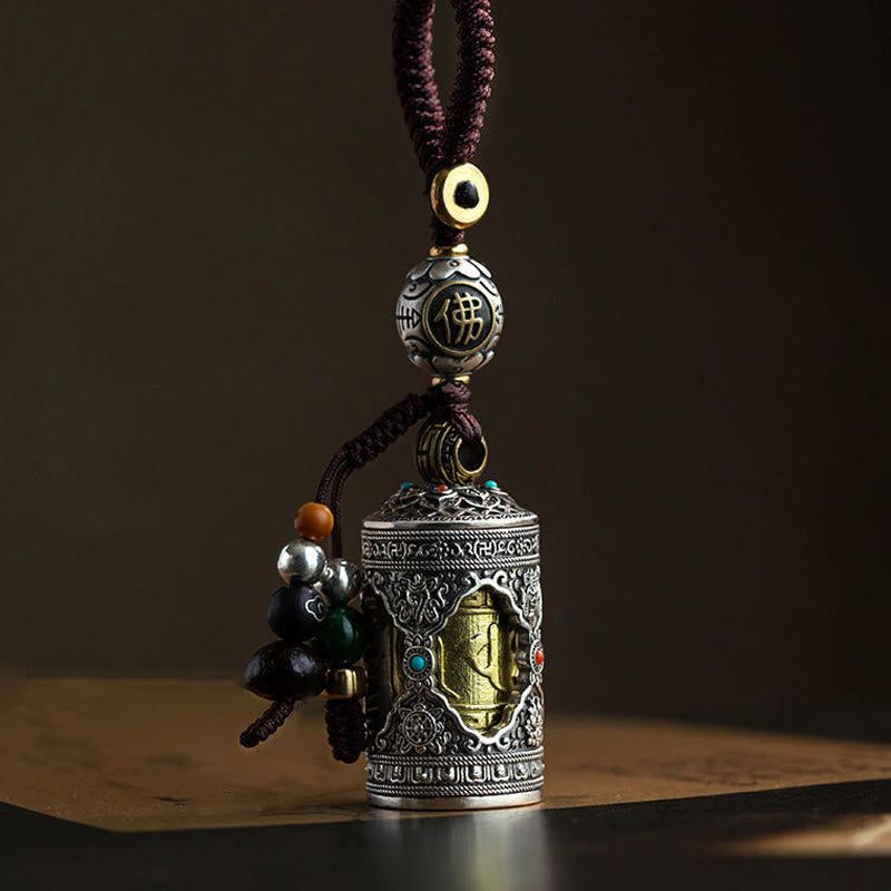 Buddha Stones Om Mani Padme Hum Ghau Prayer Box Copper Plated Silver Luck Key Chain