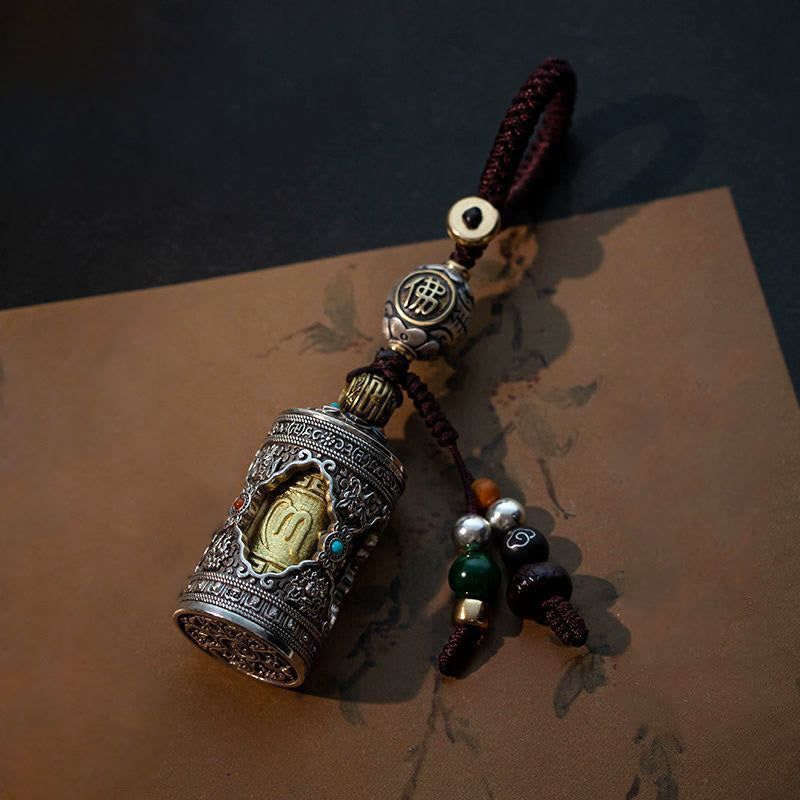 Buddha Stones Om Mani Padme Hum Ghau Prayer Box Copper Plated Silver Luck Key Chain