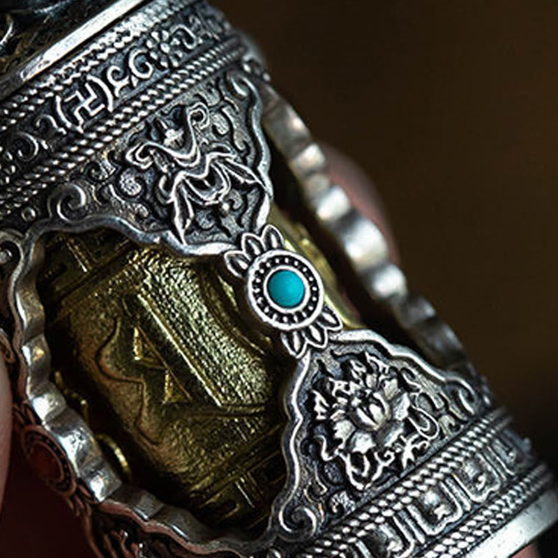 Buddha Stones Om Mani Padme Hum Ghau Prayer Box Copper Plated Silver Luck Key Chain