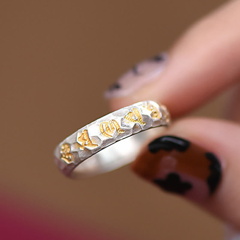 Buddha Stones Hammer Pattern Om Mani Padme Hum Copper Plated Silver Wealth Ring