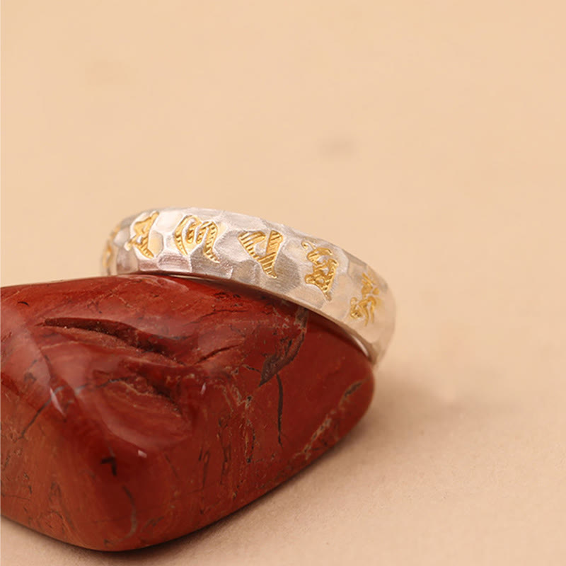 Buddha Stones Hammer Pattern Om Mani Padme Hum Copper Plated Silver Wealth Ring