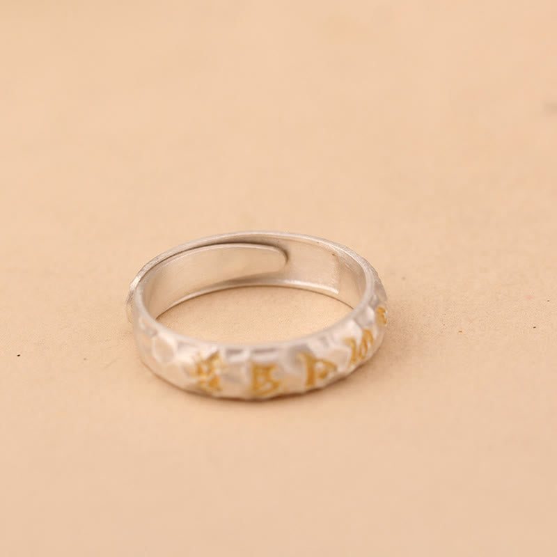 Buddha Stones Hammer Pattern Om Mani Padme Hum Copper Plated Silver Wealth Ring