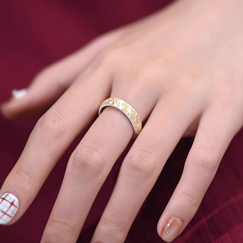 Buddha Stones Hammer Pattern Om Mani Padme Hum Copper Plated Silver Wealth Ring