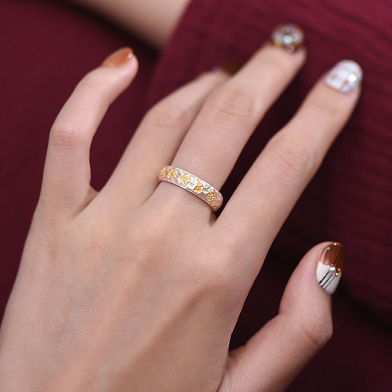 Buddha Stones Hammer Pattern Om Mani Padme Hum Copper Plated Silver Wealth Ring