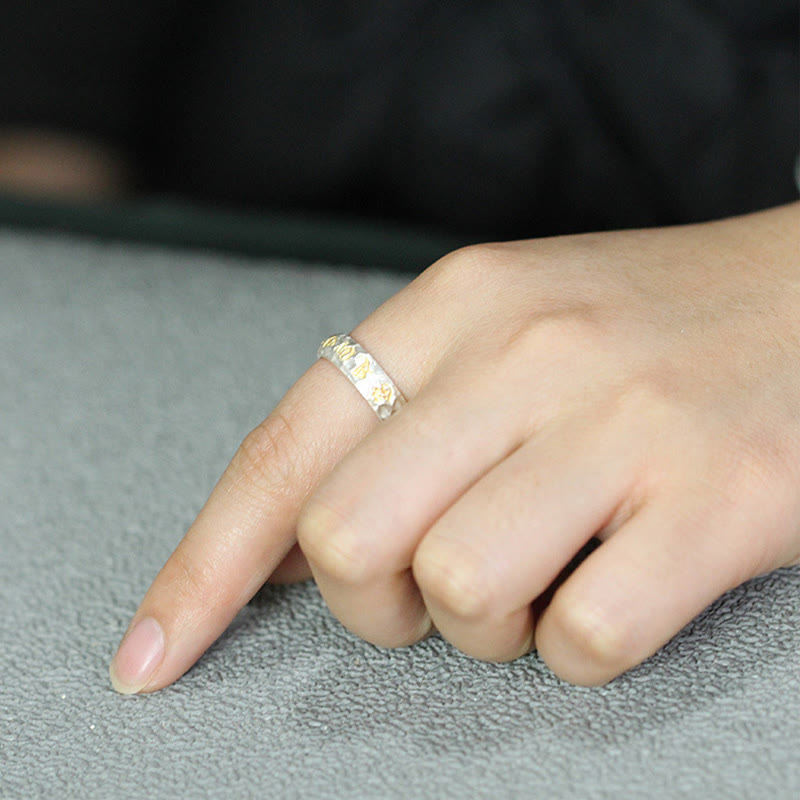 Buddha Stones Hammer Pattern Om Mani Padme Hum Copper Plated Silver Wealth Ring