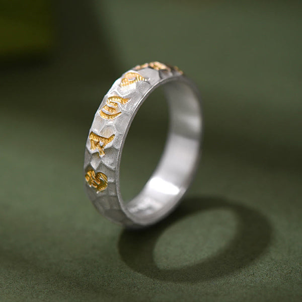 Buddha Stones Hammer Pattern Om Mani Padme Hum Copper Plated Silver Wealth Ring