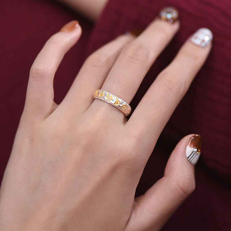 Buddha Stones 999 Sterling Silver Hammer Pattern Om Mani Padme Hum Balance Ring