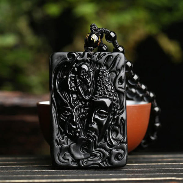 Buddha Stones Natural Black Obsidian Buddha Devil Pattern Strength Necklace Pendant