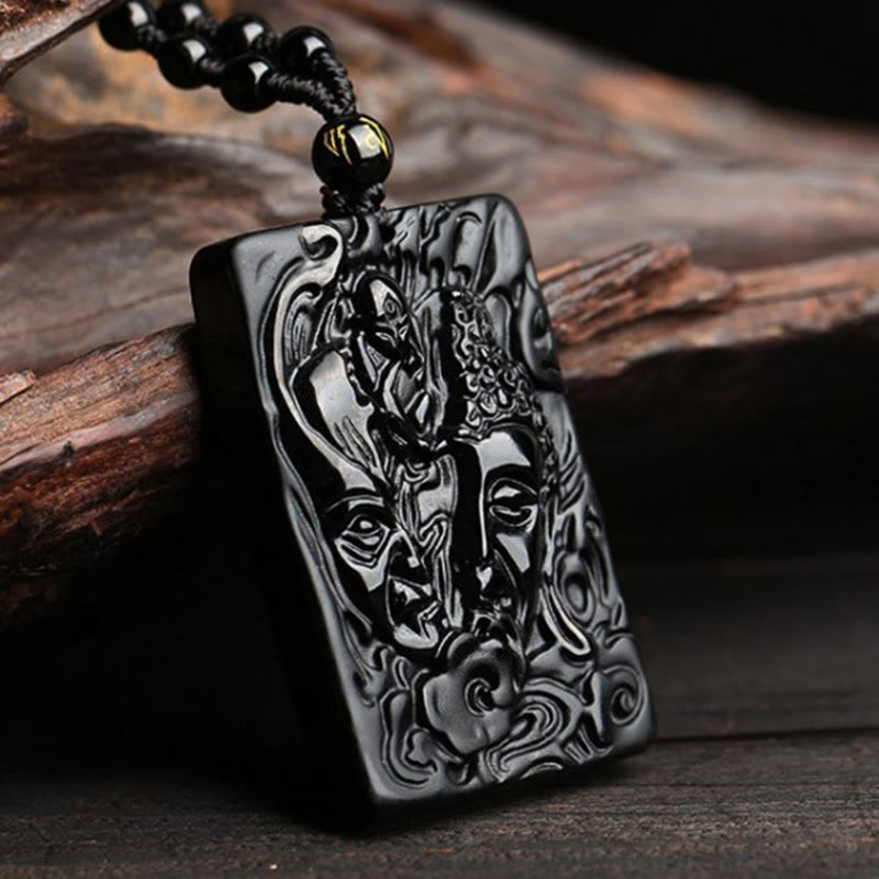 Buddha Stones Natural Black Obsidian Buddha Devil Pattern Strength Necklace Pendant