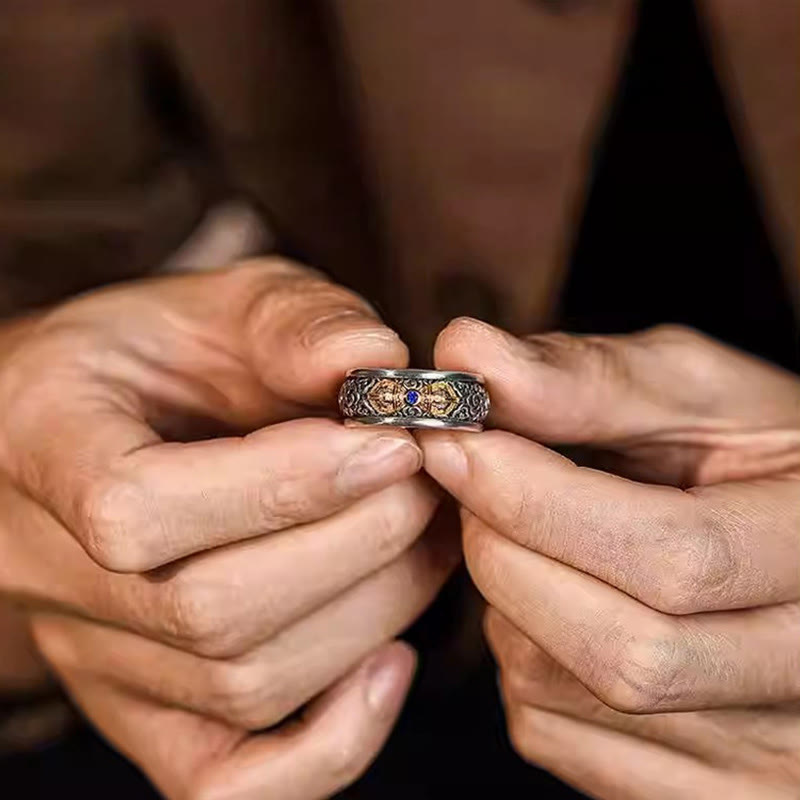 Buddha Stones Vintage Tibetan Vajra Auspicious Clouds Pattern Copper Pleated Silver Balance Ring