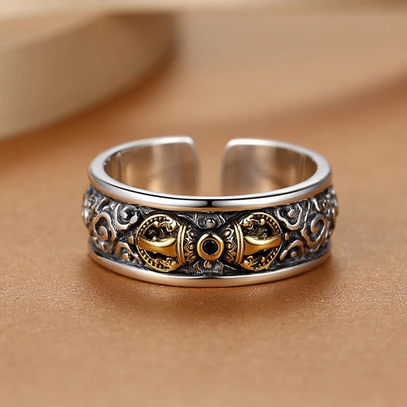 Buddha Stones Vintage Tibetan Vajra Auspicious Clouds Pattern Copper Pleated Silver Balance Ring