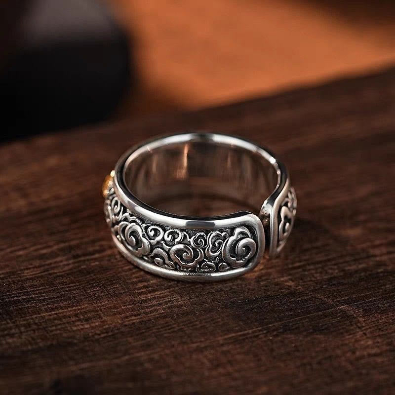 Buddha Stones Vintage Tibetan Vajra Auspicious Clouds Pattern Copper Pleated Silver Balance Ring