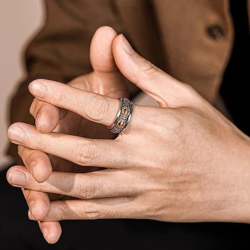 Buddha Stones Vintage Tibetan Vajra Auspicious Clouds Pattern Copper Pleated Silver Balance Ring