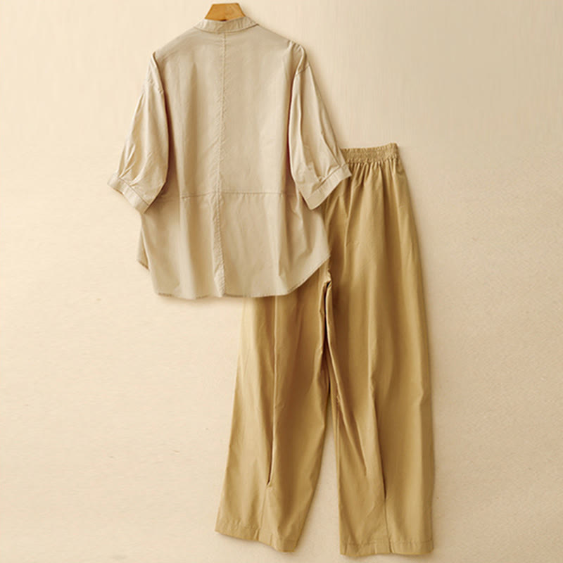 Buddha Stones 2pcs Women's Three-quarter Sleeve Shirt Harem Pants Meditation Clothing Set