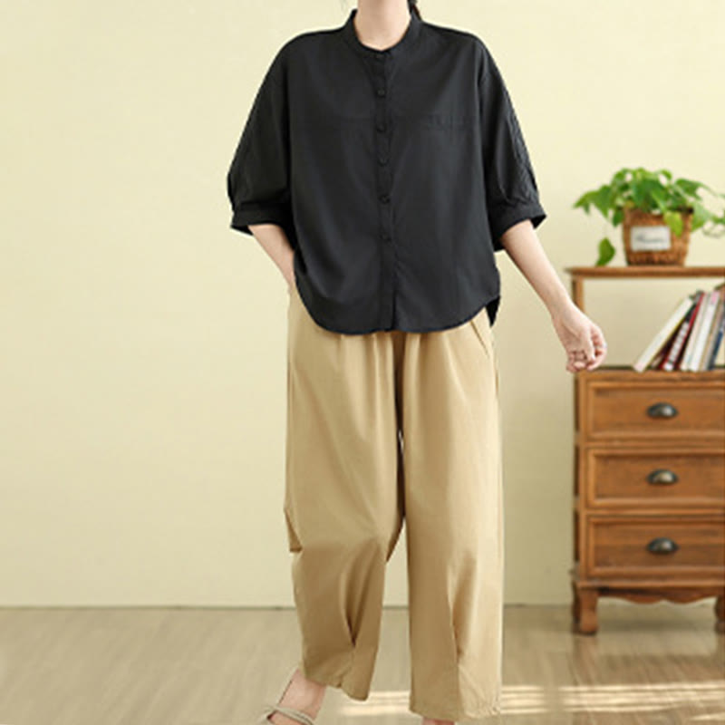 Buddha Stones 2pcs Women's Three-quarter Sleeve Shirt Harem Pants Meditation Clothing Set