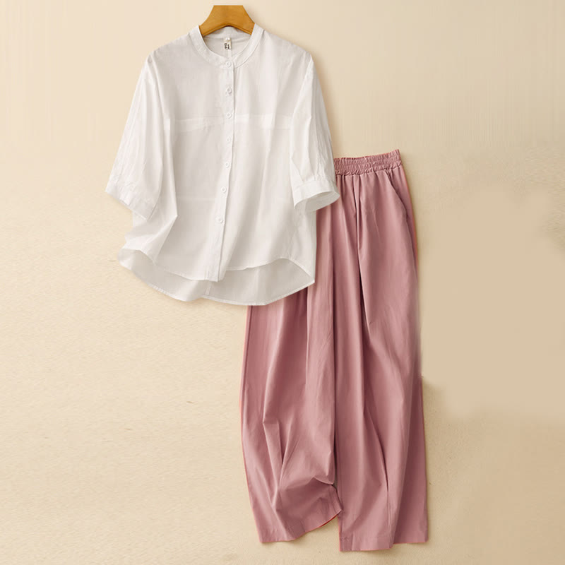 Buddha Stones 2pcs Women's Three-quarter Sleeve Shirt Harem Pants Meditation Clothing Set