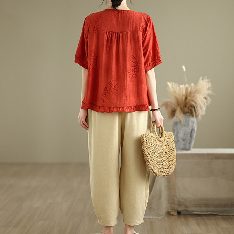 Buddha Stones 2pcs Casual Women's Short Sleeve Shirt Harem Pants Meditation Clothing Set