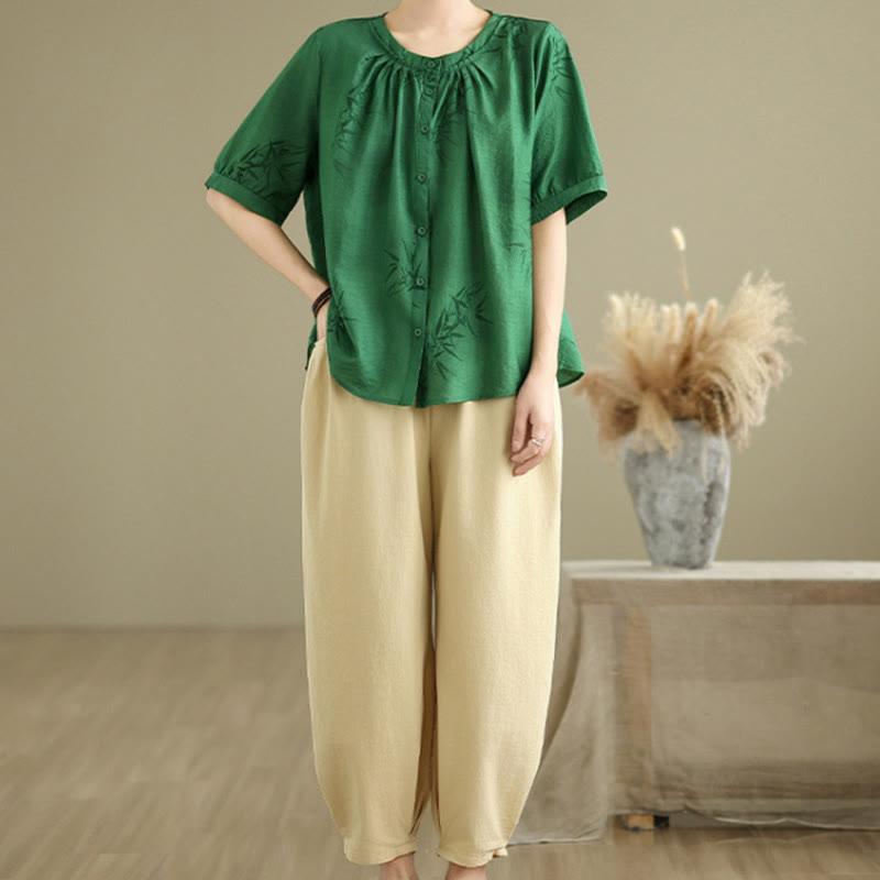 Buddha Stones 2pcs Casual Women's Short Sleeve Shirt Harem Pants Meditation Clothing Set