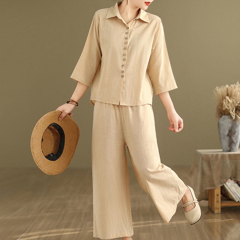 Buddha Stones 2pcs Casual Women's Stand Collar Shirt Loose Pants Meditation Clothing Set