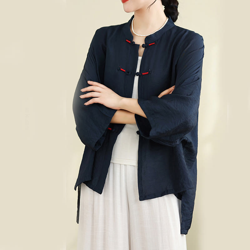 Buddha Stones 2pcs Casual Women's Frog Button Shirt Loose Pants Meditation Clothing Set