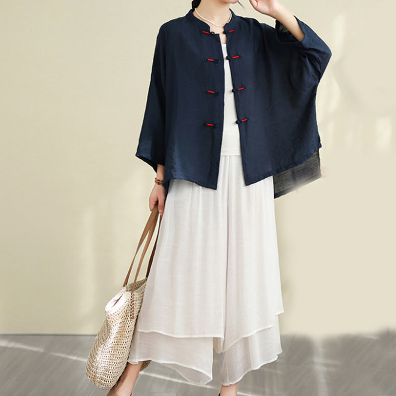 Buddha Stones 2pcs Casual Women's Frog Button Shirt Loose Pants Meditation Clothing Set