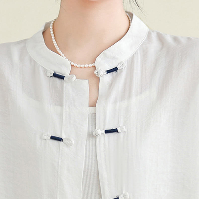 Buddha Stones 2pcs Casual Women's Frog Button Shirt Loose Pants Meditation Clothing Set