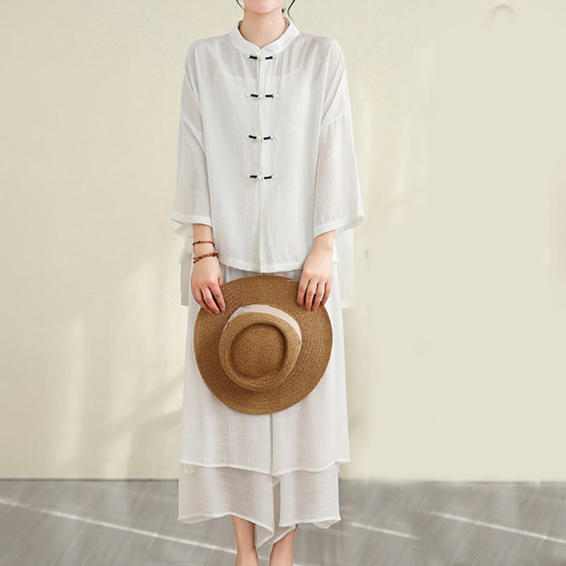 Buddha Stones 2pcs Casual Women's Frog Button Shirt Loose Pants Meditation Clothing Set