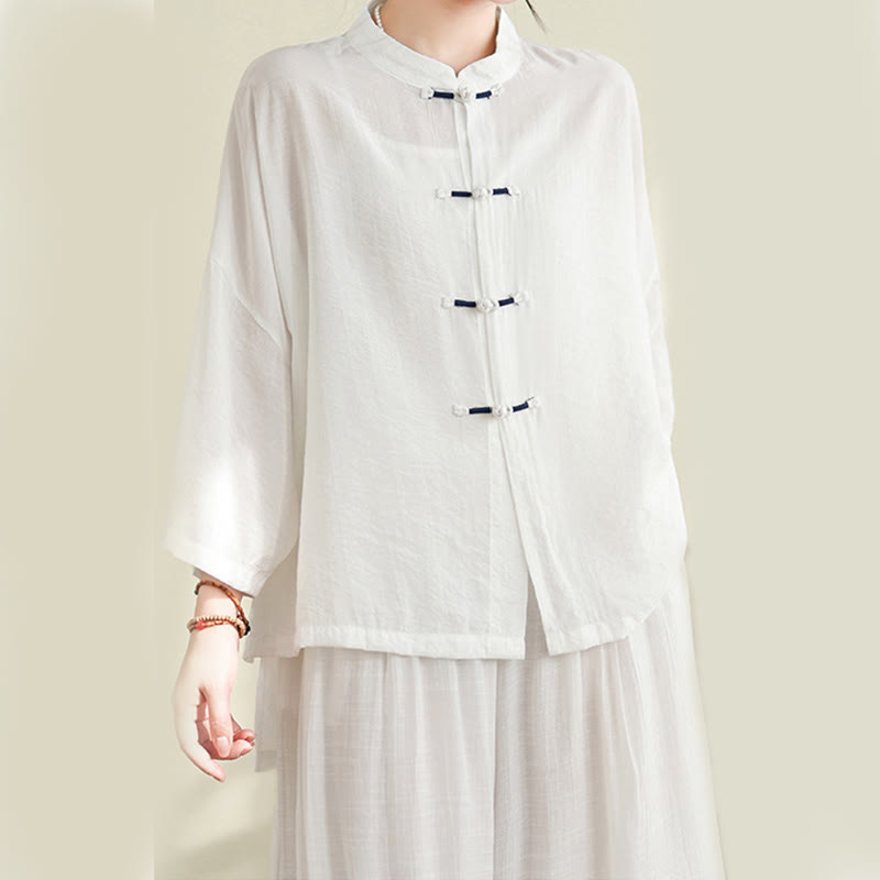 Buddha Stones 2pcs Casual Women's Frog Button Shirt Loose Pants Meditation Clothing Set