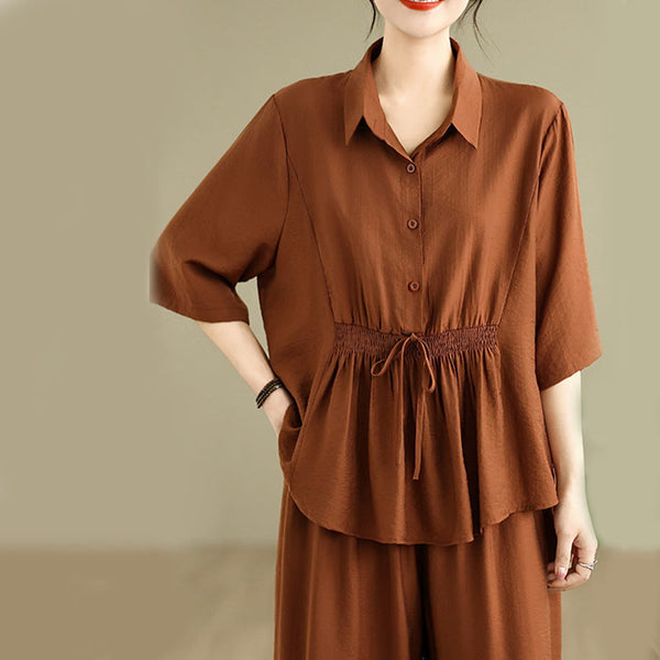 Buddha Stones 2pcs Casual Women's Stand Collar Shirt Loose Pants Meditation Clothing Set