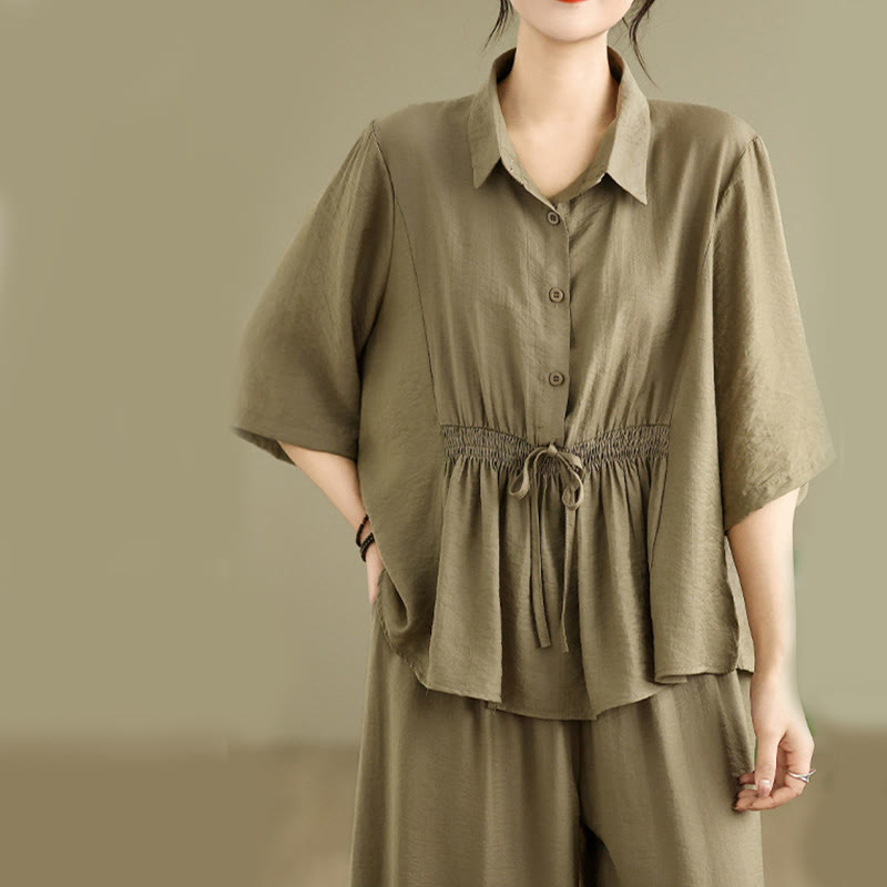 Buddha Stones 2pcs Casual Women's Stand Collar Shirt Loose Pants Meditation Clothing Set