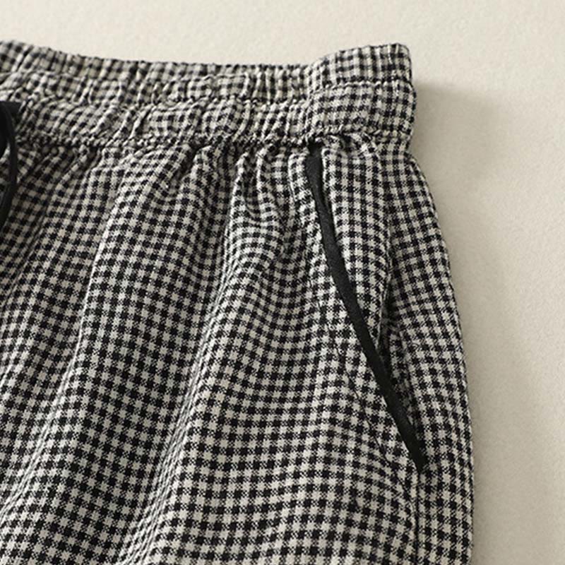 Buddha Stones Plaid Pattern Drawstring Women's Cotton Linen Harem Pants With Pockets