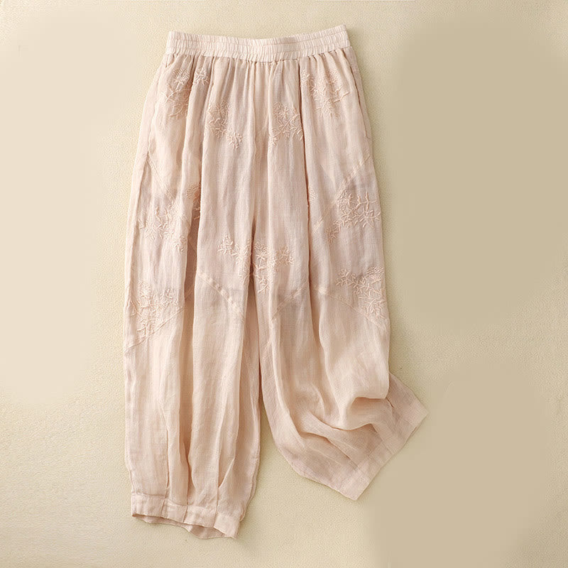 Buddha Stones Embroidered Pattern Women's Cotton Linen Harem Pants With Pockets