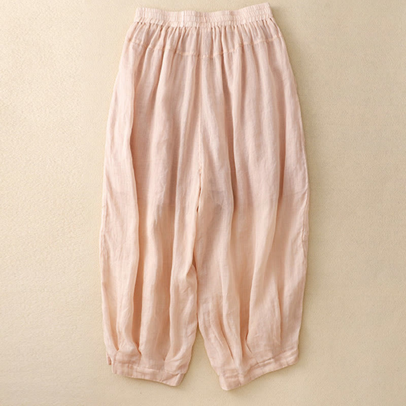 Buddha Stones Embroidered Pattern Women's Cotton Linen Harem Pants With Pockets