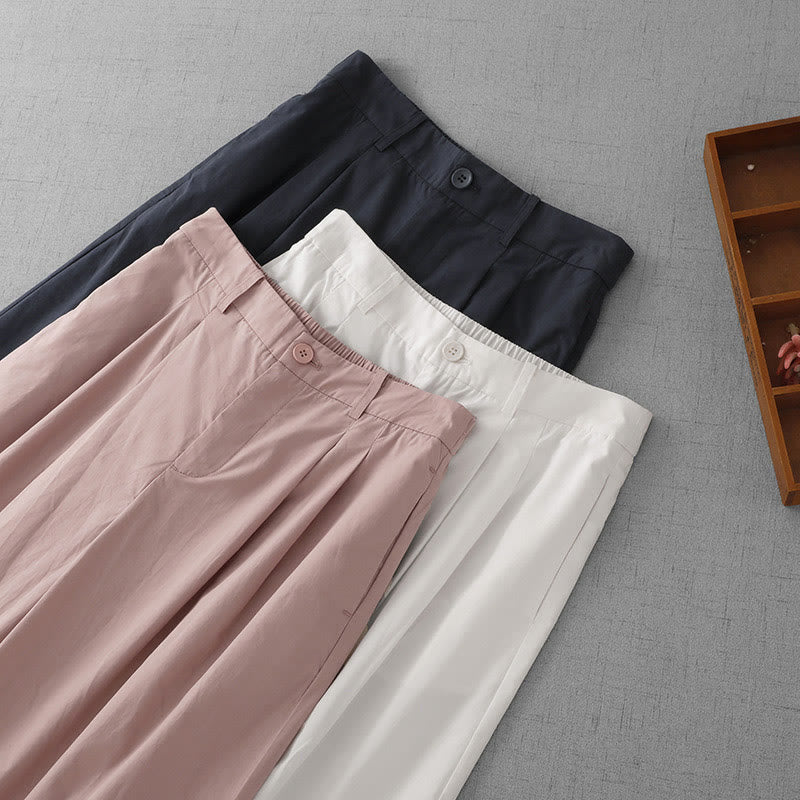 Buddha Stones Casual Plain High Waist Women's Polyester 7-8 Length Wide Leg Pants With Pockets