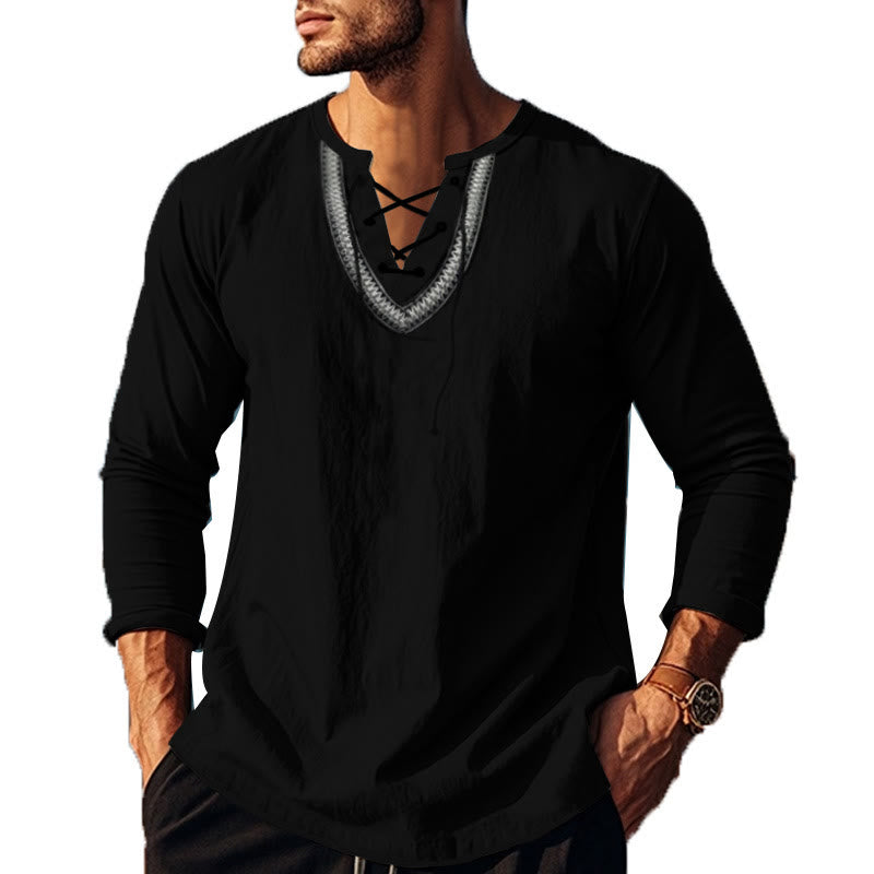 Buddha Stones Solid Color Fall Lace-up Men's V-Neck Long Sleeve Cotton Shirt
