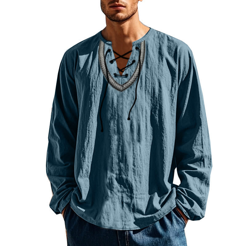 Buddha Stones Solid Color Fall Lace-up Men's V-Neck Long Sleeve Cotton Shirt