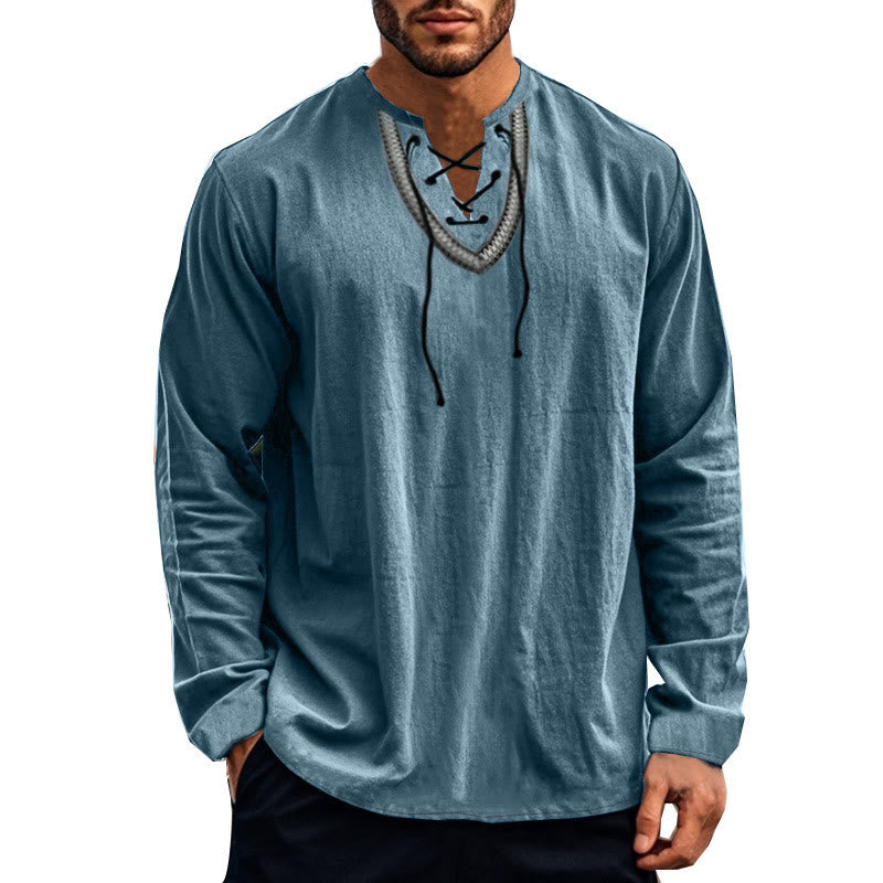 Buddha Stones Solid Color Fall Lace-up Men's V-Neck Long Sleeve Cotton Shirt